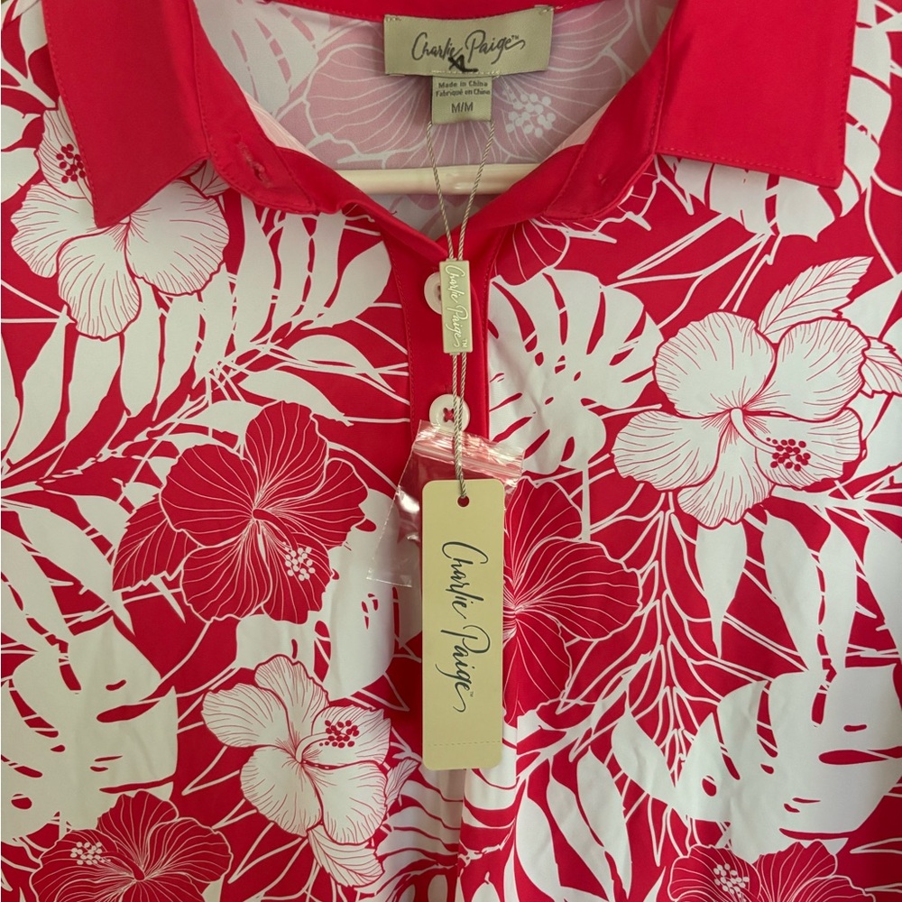 Charlie Paige Red & White Floral Polo Swim Cover-Up - Picture 4 of 5